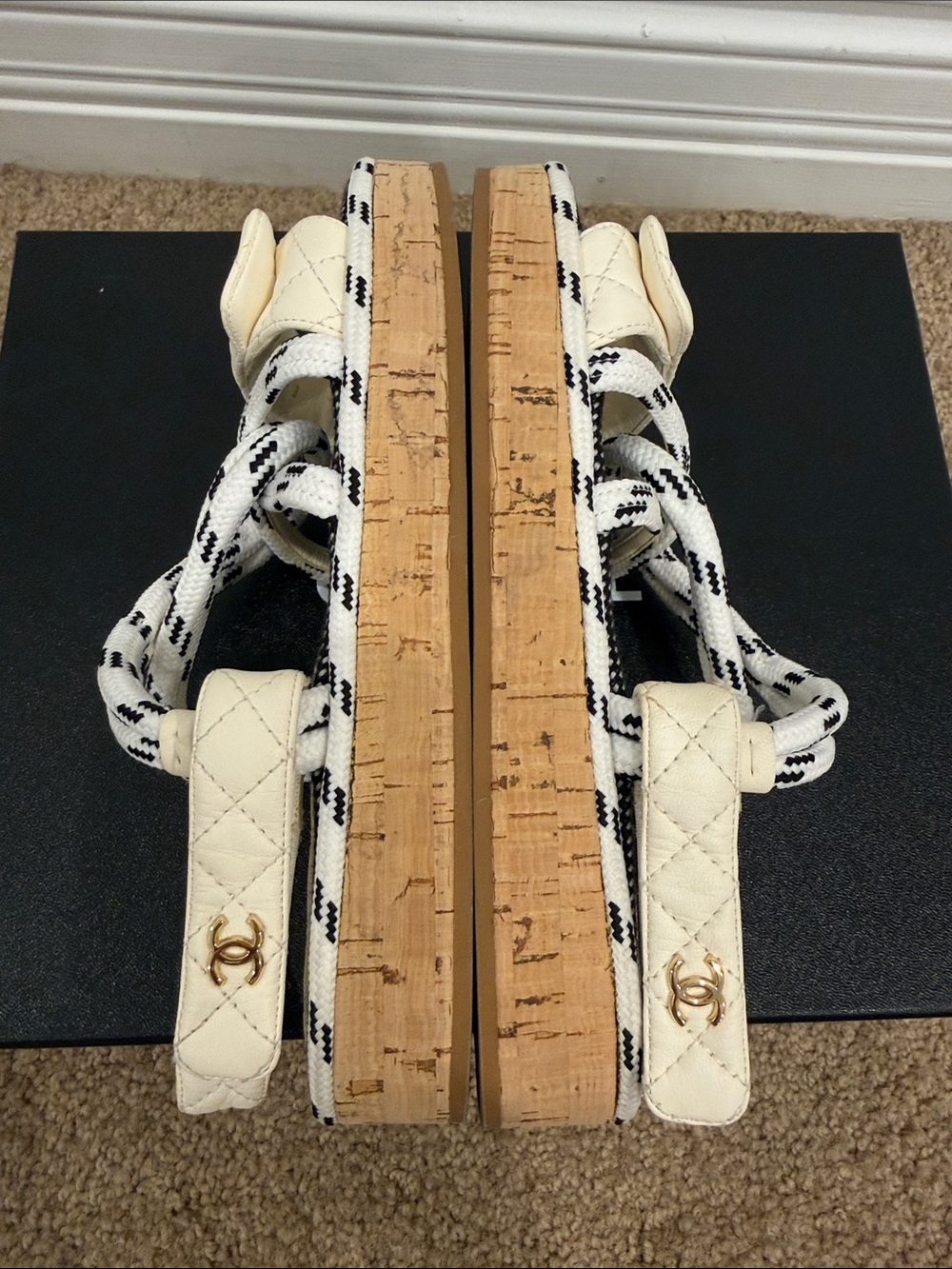 CHANEL Cruise Quilted Rope Sandals White Navy Cork Leather 37 Worn Once Full Set - Picture 7 of 10